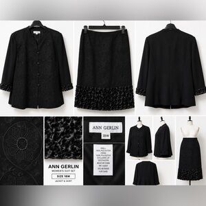 Vintage Ann Gerlin Black Embroidered 2-Piece Skirt Suit Set